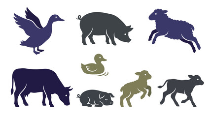 Obraz premium This image features a collection of stylized silhouettes of different farm animals, including a duck, goose, pig, sheep, and cow, showcasing diverse poses and expressions.