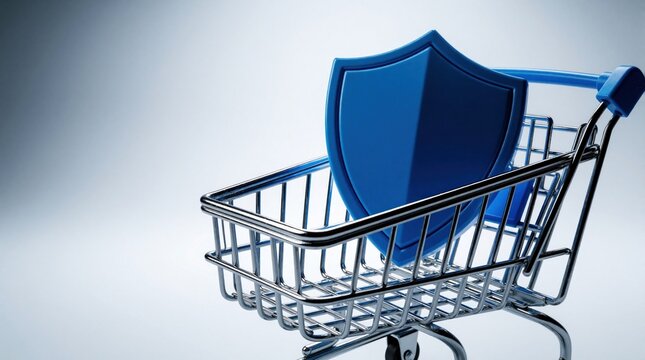 Blue shield rests inside a metal shopping cart. Symbolizes secure online buying and consumer protection in e-commerce. Safeguards digital transactions and personal data privacy during purchases.