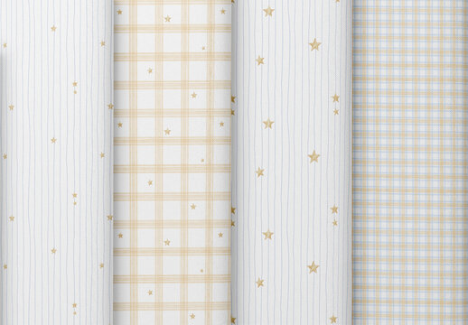 Editable seamless repeating watercolor pattern set with pastel stars, stripes and soft bubbles for nursery, stationery, wrapping paper, textile and playful designs