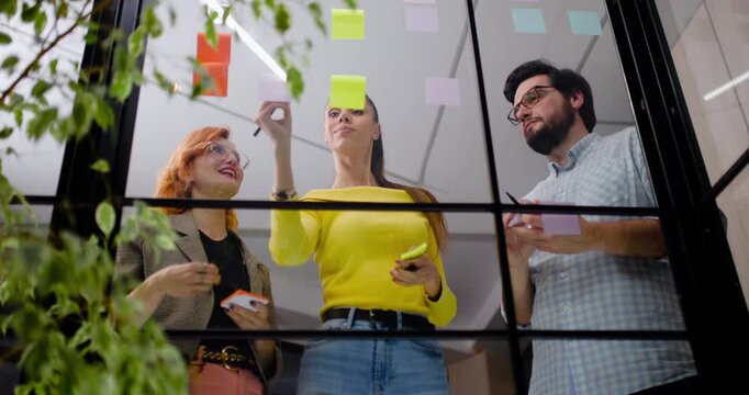 Team brainstorm at an office with sticky notes on glass window in midday sun