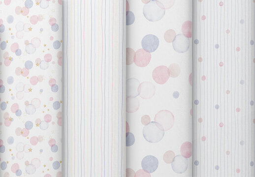 Editable seamless repeating watercolor pattern set with airy pastel stripes, hand painted circles and bubble motifs for stationery, packaging, fabric, wallpaper and modern design