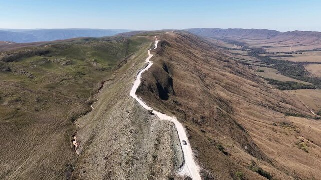 Aerial view of Caminho do C&eacute;u, a scenic road that follows the mountain ridge in the region of Delfin&oacute;polis, in Serra da Canastra, Minas Gerais, Brazil