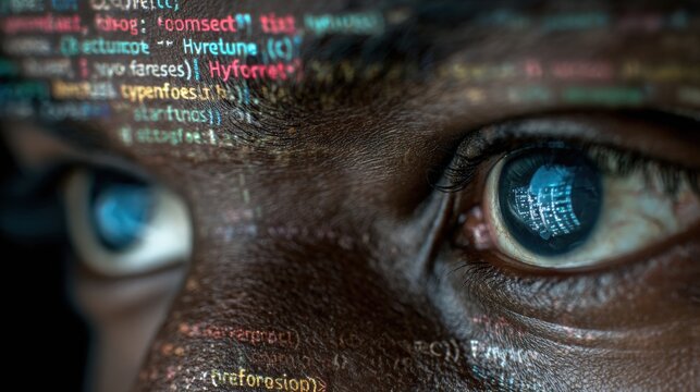 Alert hacker examining network lines. Eagleeyed hacker scrutinizes scripts reflected on skin surface. Intense surveillance by ethical hacker highlighting code reflection and tense environment