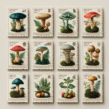 Minimal Vintage Mushroom and Botanical Leaf Postage Stamp Grid, 미니멀 빈티지 버섯과 나뭇잎 식물 우표 격자 컬렉션