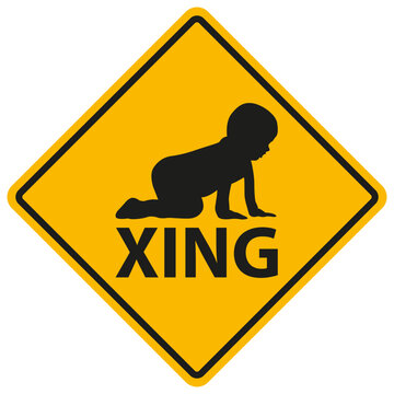 Ein Hinweisschild das vor kreuzenden Babys warnt