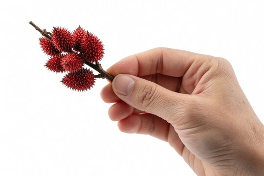 Human hand holds small branch with bright red annatto seeds. Bixa orellana fruit with spiky texture grows on tropical plant. Natural red pigment source from exotic tree seeds used in cooking, organic