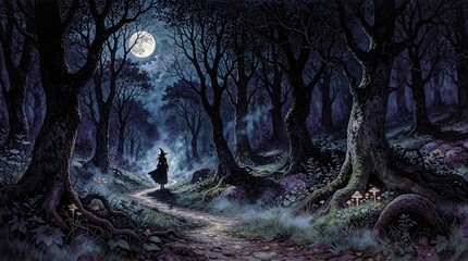 Fototapeta premium Mysterious witch walks through dark fairy forest under full moon. Magic female sorceress wanders on path in misty trees, glowing mushrooms. Enchanted nocturnal woodland landscape with fantasy