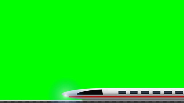 High speed modern bullet train moving fast on railroad track isolated on chroma key green screen background