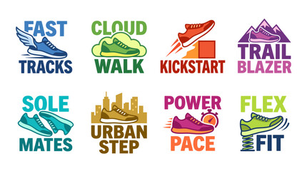 Obraz premium A vibrant collection of shoe-related logos designed for fitness and sports enthusiasts, focusing on active lifestyles and emphasizing movement, speed, and energy.