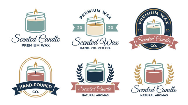 This image showcases a series of beautifully designed logos and labels for scented candles, highlighting premium quality and natural aromas in a visually inviting manner.