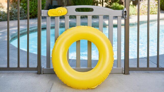 Yellow inflatable ring by pool gate, sunlit backyard pool area with metal fence and safety sign, concrete deck casting soft shadow, vibrant yellow contrast with blue water, scene evokes summer leisure