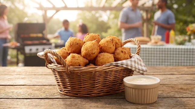 A woven basket overflows with golden hush puppies, a Southern delicacy, served alongside a creamy dipping sauce on a rustic wooden table, with a blurred background of a backyard barbecue picnic.
