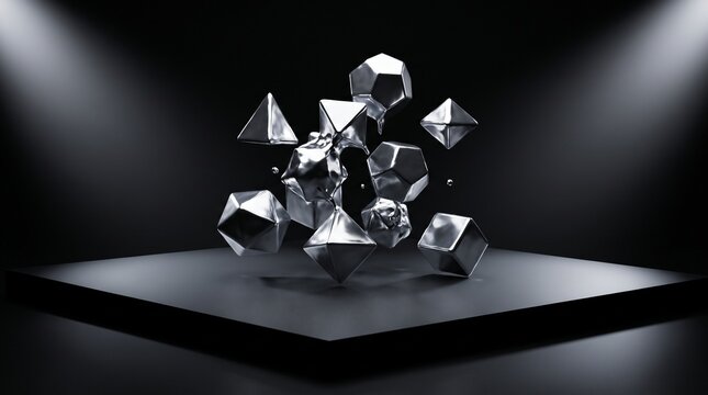 Floating metallic geometric polyhedral shapes on a dark stage with dramatic spotlighting.