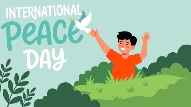 International Peace Day animation featuring a joyful person raising hands beside a dove and peaceful nature, symbolizing harmony, unity, freedom, hope, tolerance, friendship, and global cooperation