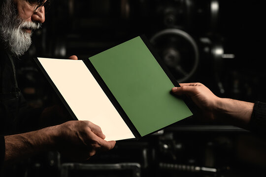 A close-up cinematic scene of two people exchanging a blank document or portfolio folder in a dark creative environment. The image emphasizes collaboration, presentation, design, business communicatio