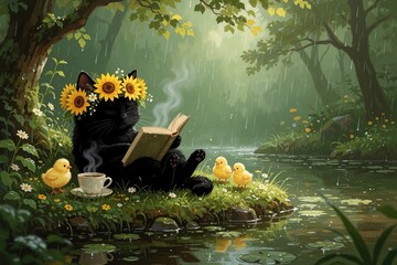 Fototapeta premium Whimsical black cat wearing sunflower crown reads book in enchanted forest. Relaxed feline sits by river with hot tea, small yellow chicks. Rainy day magic scene with rich green plants, calm water in