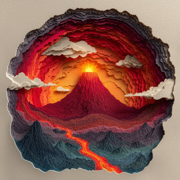 Circular 3D Paper Cut Layered Volcano Landscape with Eruption and Lava, 원형 3D 화산 분화 및 용암 흐름 페이퍼 아트