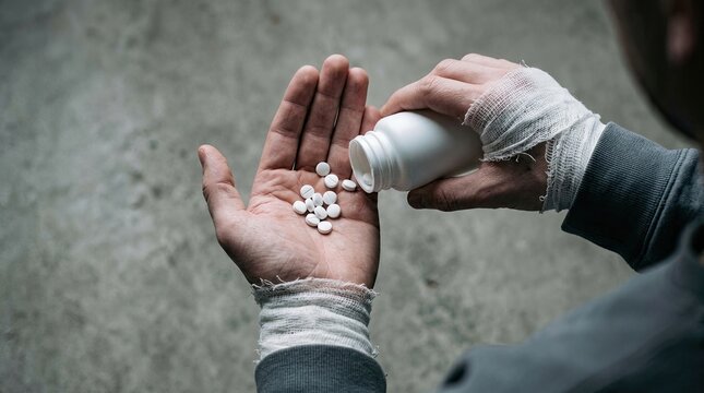 Person with bandaged hands holding white pills