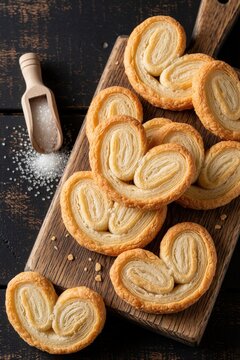 French palmier cookies on rustic wooden board. Sweet puff pastry heart shaped biscuits with sugar coating. Golden baked dessert snack on dark background. Homemade bakery treats with crispy flaky