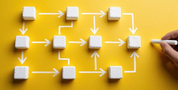 Hand draws flowchart with white chalk on yellow background. Person creates complex business process diagram using small white cubes as stpic. Concept of planning workflow, management strategy,