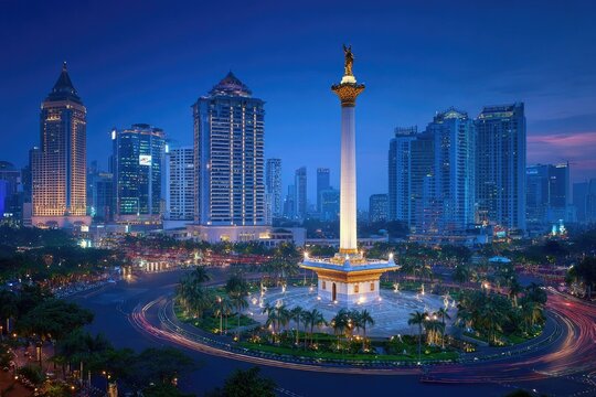 Monas Monument and Jakarta Skyline at Dusk