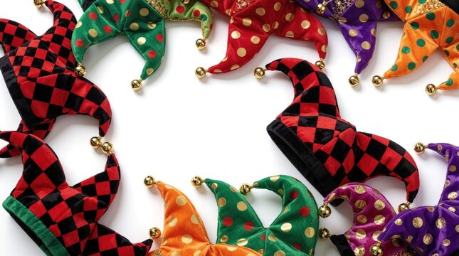 Collection of colorful jester hats arranged in a circle from above. Festive party decorations for celebrations and holiday themes. Bright patterns and playful design elements for creative projects.