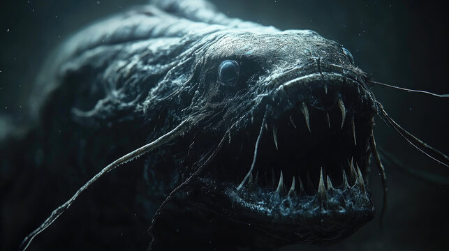 Terrifying deep sea monster fish with sharp teeth and whiskers, dark ocean abyss, scary creature