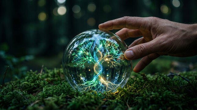 Genetic engineering concept featuring hand touching glass sphere with glowing DNA tree representing sustainable biotechnology