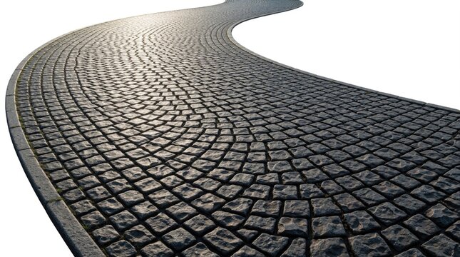 Curved cobblestone path with rough stone blocks leading forward. Ground texture shows paving stones arranged in patterns. This is a rustic pathway isolated on white background.