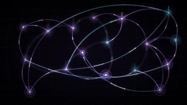 Global currency flow network with glowing value streams arcing between financial hubs seamless loop in subtle indigo tones