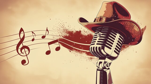 Vintage western style illustration of a retro microphone topped with a brown cowboy hat, country music musical staff with treble clef notes flowing outward, country concerts