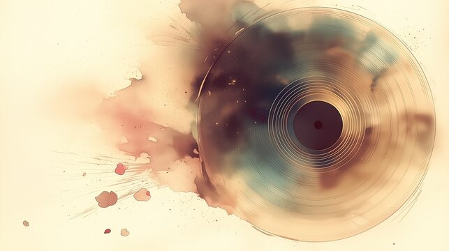 Abstract watercolor painting of a vintage vinyl record with brown, orange, and teal splashes on cream background, retro country music concept for album covers, posters