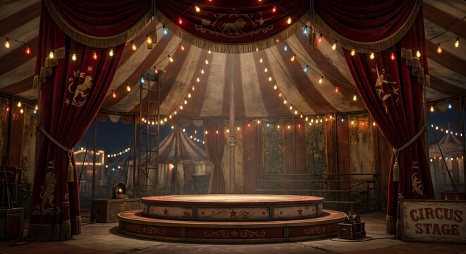 3D Circus Stage Podium Background with Red Curtain Carnival Lights and Vintage Tent