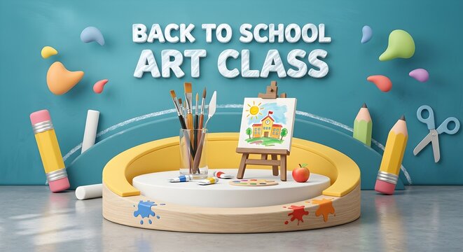 3D Podium Display Art Class Background with Paintbrush Stand Easel and Canvas for Back to School