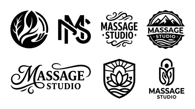 This image showcases a variety of logo designs for massage studios, featuring elegant styles, soothing elements, and unique branding to evoke relaxation and comfort.