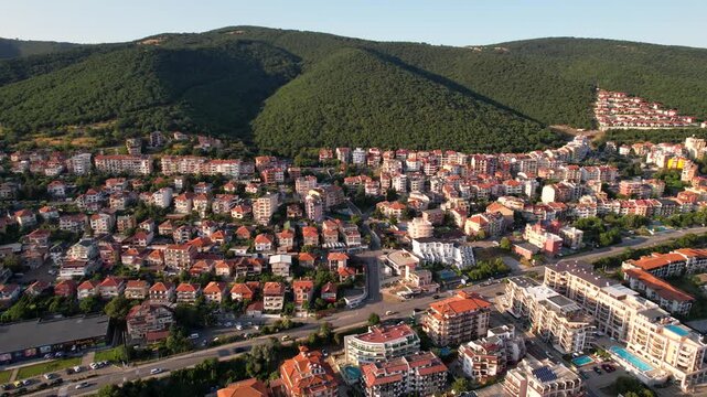 Panoramic aerial view of houses and hotels, sea and beaches of Sveti Vlas in Bulgaria from above, top view from drone. Summer holiday in Europe. 
