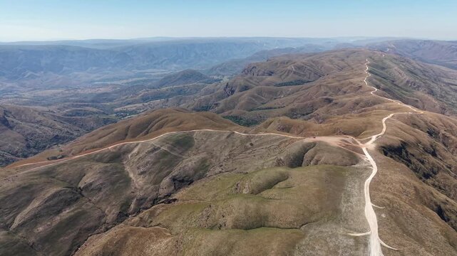 Aerial view of Caminho do C&eacute;u, a scenic road that follows the mountain ridge in the region of Delfin&oacute;polis, in Serra da Canastra, Minas Gerais, Brazil
