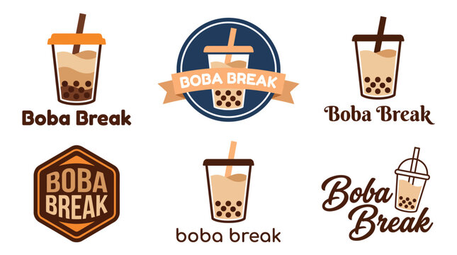 An array of colorful and stylish logos for 'Boba Break', highlighting the iconic bubble tea beverage, perfect for beverage branding and marketing.