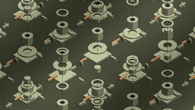 Isometric Exploded View of Machine Parts Separating and Reassembling, Flat Three Tone Seamless Loop in rich moss tones