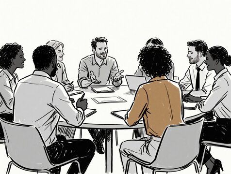 Diverse group of professionals brainstorm ideas around circular table. Colleagues communicate, collaborate, planning strategies for business success. Teamwork, discussion leads to solutions in office