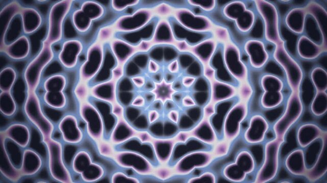 Kaleidoscope mandala mirror symmetric rotating geometric ornament seamless loop in vibrant blue tones