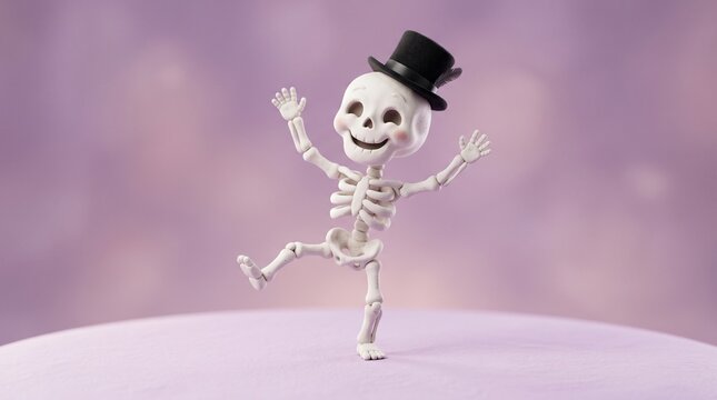 Cute clay skeleton dancing with a top hat