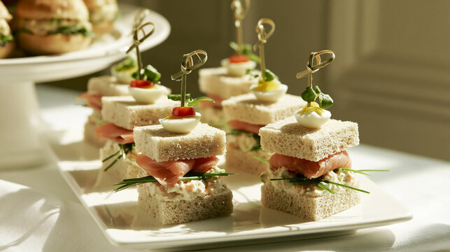 Finger sandwiches with smoked salmon, cream cheese, and chives, topped with quail egg and cherry tomato, arranged on a serving plate