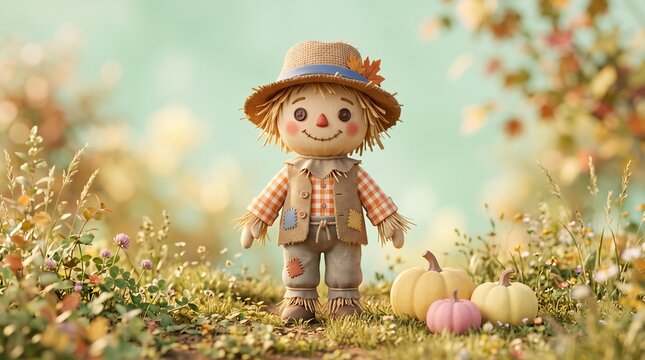 Cute toy scarecrow in a pastel pumpkin patch