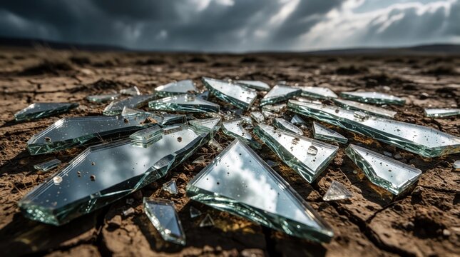 Broken antique mirror pieces lie scattered on dry cracked earth under a cloudy sky. Jagged glass shards reflect the dull light creating a desolate scene of destruction.