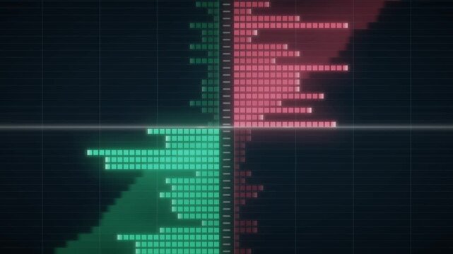Trading order book depth ladder with green bid and red ask rows updating, stock market and crypto finance background, seamless loop in bright emerald tones
