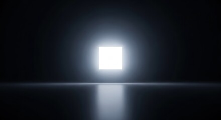 Naklejka premium Minimalist digital illustration of a bright glowing square centered in a dark void, casting a white light reflection on a smooth black reflective floor with cinematic bloom.