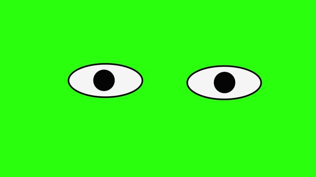 Animated cartoon eyes blinking and looking left and right on a green screen. Ideal for character animation, spy, or search concepts.