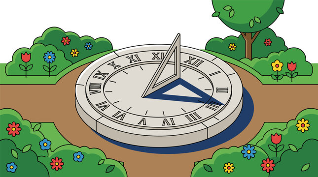 Flat design vector illustration of a stone sundial in a garden with flowers and a tree, showing Roman numerals and a shadow.