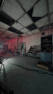 Dimly lit and abandoned, the old hospital features peeling walls and scattered medical equipment. Shadows linger in corners, telling stories of what once was in this eerie space.